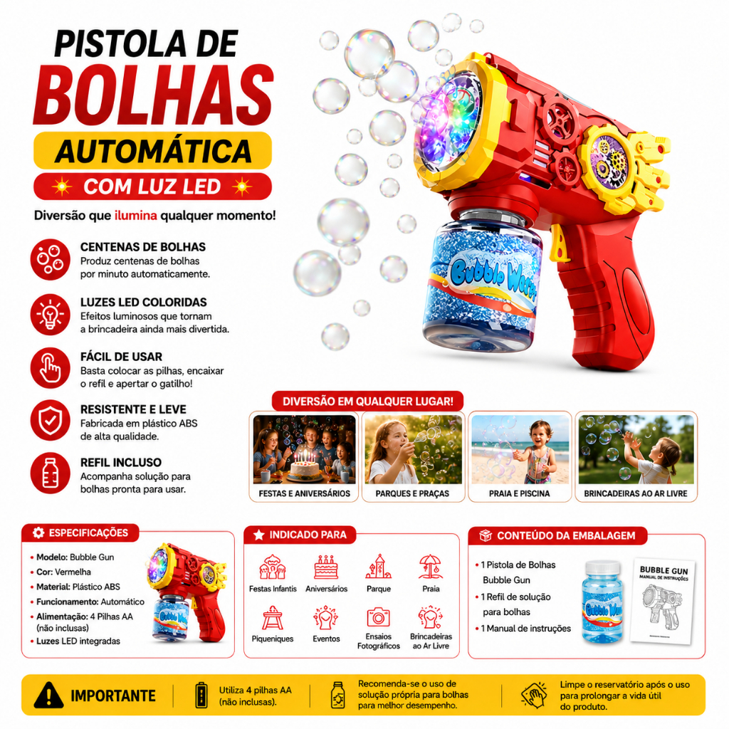 Pistola de Bolhas Automática Bubble Gun com Luz LED Brinquedo Infantil Máquina de Bolhas com Refil Vermelha