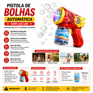 Pistola de Bolhas Automática Bubble Gun com Luz LED Brinquedo Infantil Máquina de Bolhas com Refil Vermelha