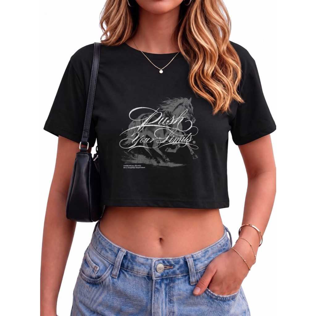 Cropped Preto Feminino Estampa Cavalo Alternativo 100% Algodão Premium Casual Confortável Estilosa Versátil
