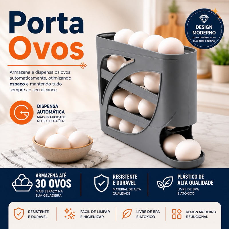 Porta Ovos Plástico 30 Ovos 4 Andares Organizador para Geladeira com Rolagem Automática