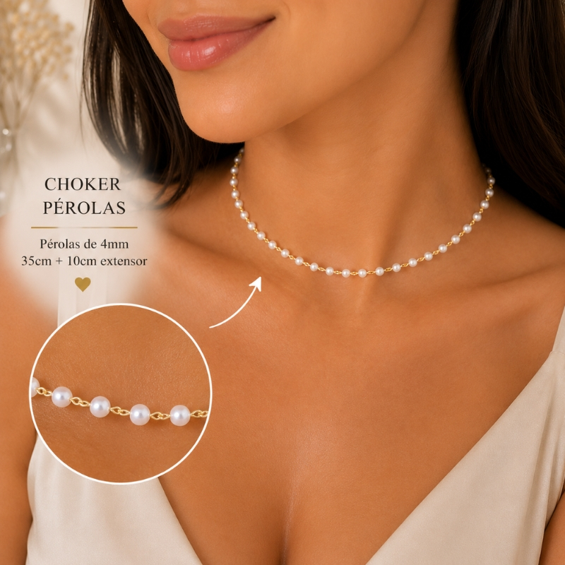 Colar Choker Pérolas Dourado | Semijoia Ouro 18K Clássico Folheado Romântico Presente