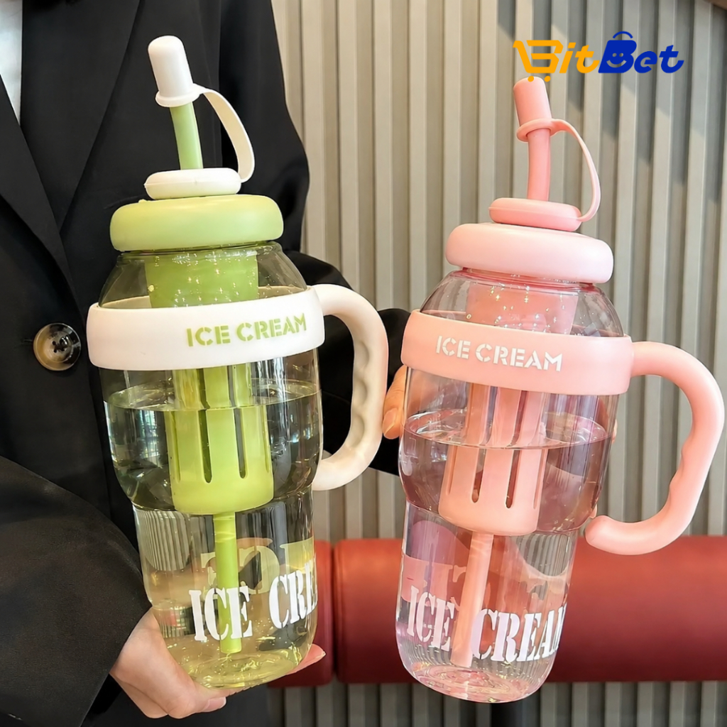 Garrafa térmica Ice Cream 900ml com canudo e alça com Infusor para Chá e Frutas Copo Grande Reutilizável CP-13