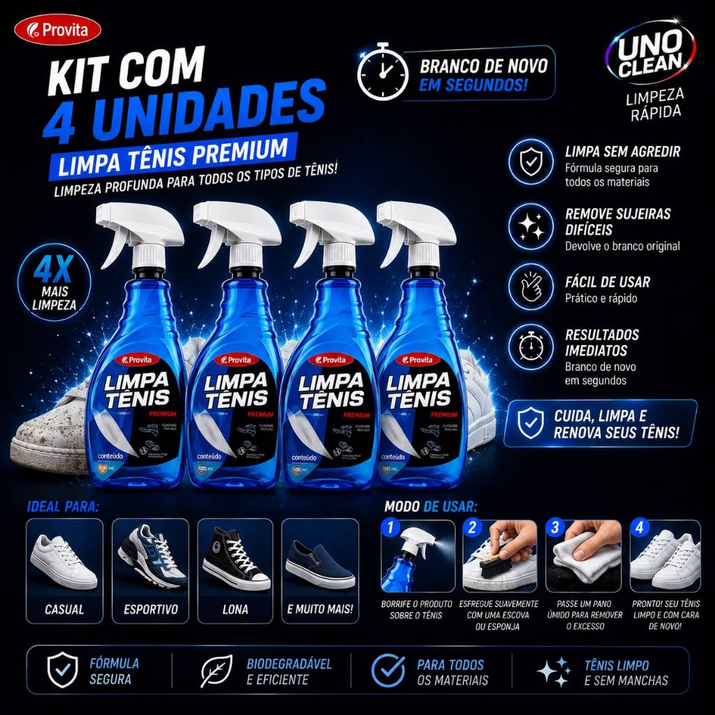 Kit com 4 Limpa Tênis Spray 500ml Limpeza Profunda Limpa Sapato Branco Sola Camurça Couro Provita