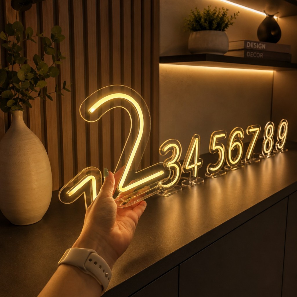 Kit 10 Números de Mesa LED Neon 0 a 9 em Acrílico Cristal 4mm com Base para Apoio - 0,18 altura cm