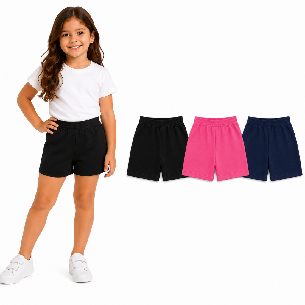 Kit com 3 Shorts Menina Cotton Infantil Escolar Bermuda Confortável Dia a Dia Verão