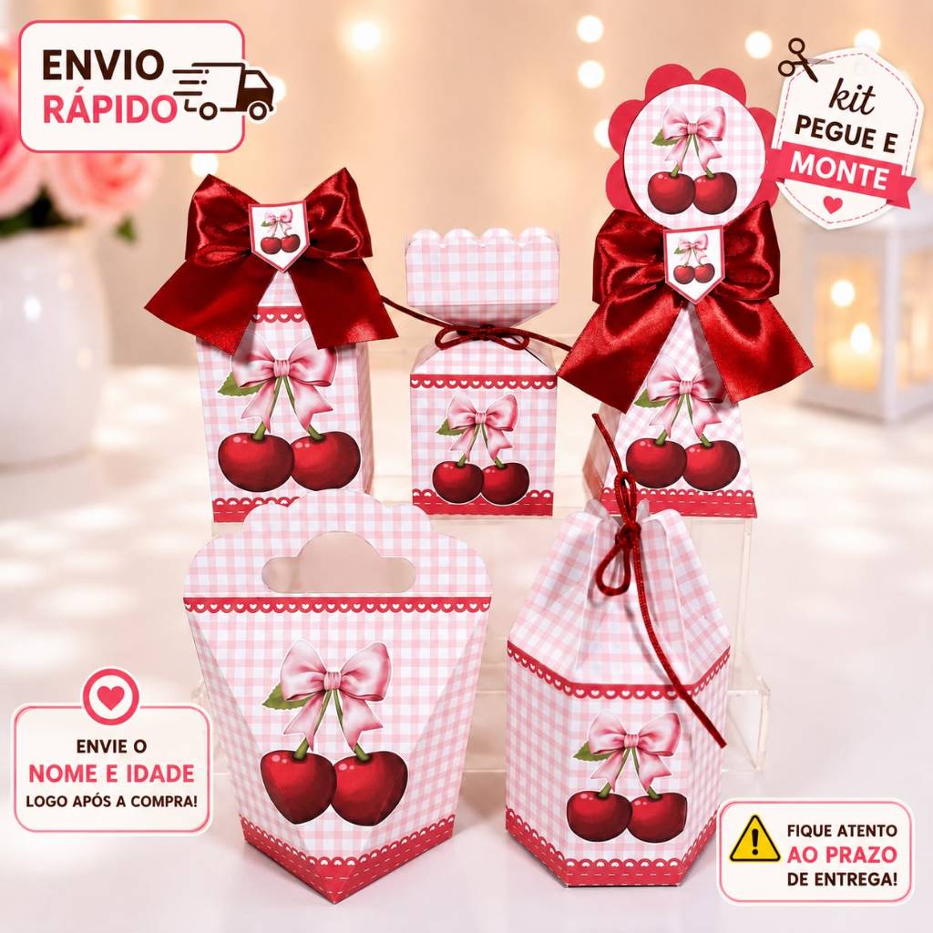 kit Caixinhas Personalizadas para Festa CEREJINHA ROSA COM VERMELHO Lembrancinhas de Aniversário DESMONTADO.