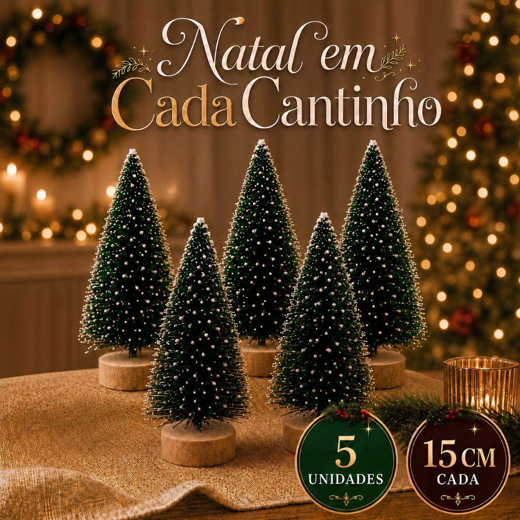 Kit Mini Arvore De Natal Nevada 15cm Pinheiro Verde Base Madeira Decoração De Natal Mesa Casa Primo