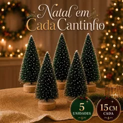Kit Mini Arvore De Natal Nevada 15cm Pinheiro Verde Base Madeira Decoração De Natal Mesa Casa Primo