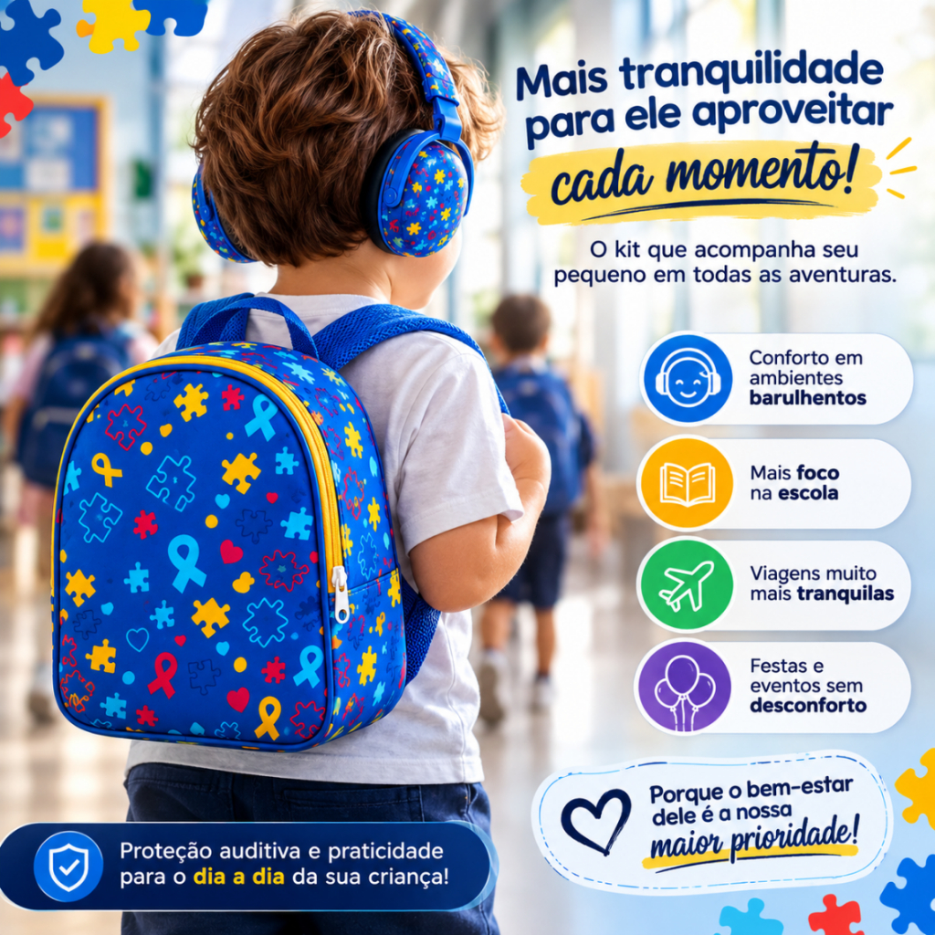 Kit Sensorial Infantil Mochila 22cm Abafador Dark Autismo 32dB Infantil 32dB Escolar Sensorial Tea