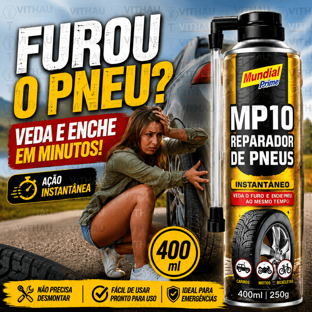 Reparador de Pneu Spray MP10 Mundial Prime 400ml Selante Emergencial Carro Moto Bicicleta