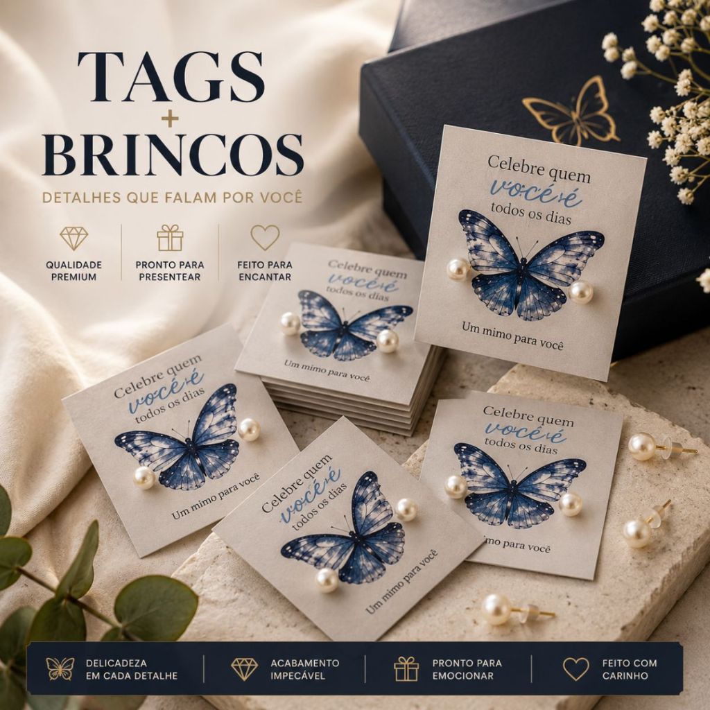 Kit Tags Decorativas com Brincos de Pérola Borboleta Azul Presente Delicado Lembrancinha Feminina Especial