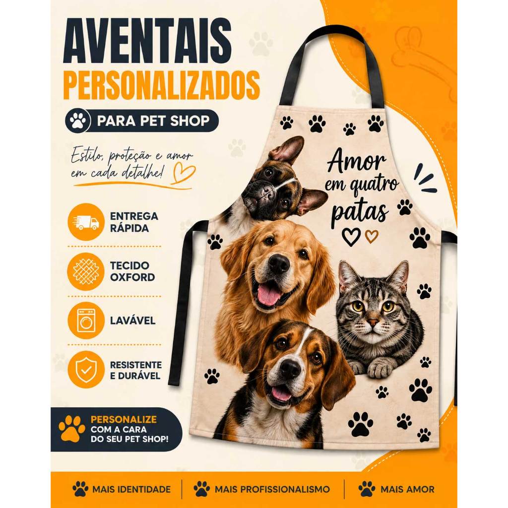Avental Personalizado Pet Shop Oxford Lavável Resistente Banho e Tosa