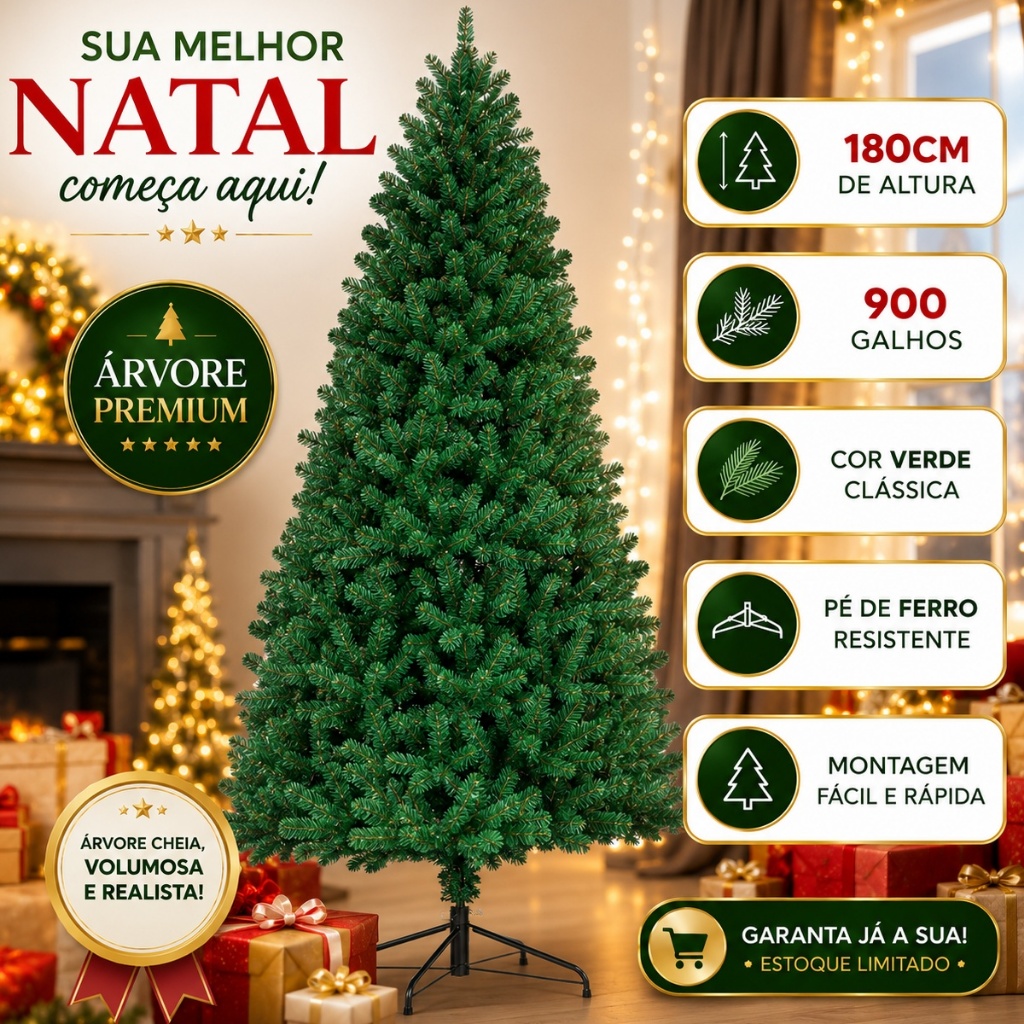 Arvore De Natal 1,80m 900 Galhos Pinheiro Luxo Cheia Galhos Reforçados Verde Tradicional Pé De Ferro Decoração Natalina