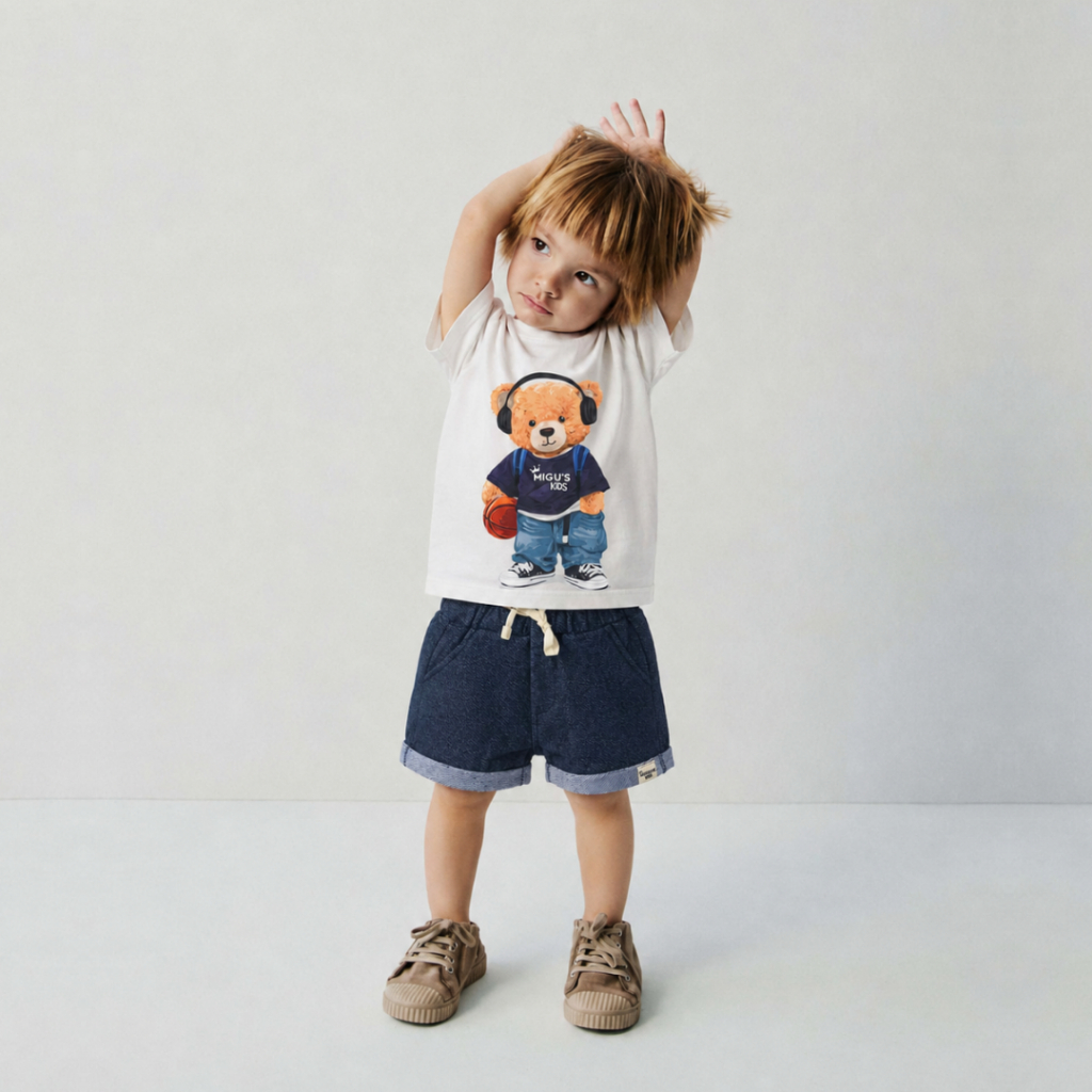 Conjunto Infantil Masculino Ursinho Camiseta Estampada DTF e Short Azul com Bolsos