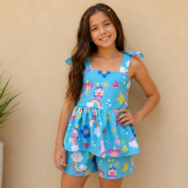 Conjunto Infantil Feminino Verão 2 Peças Blusa com Alça de Laço e Short Estampado Menina Tecido leve e fresquinho