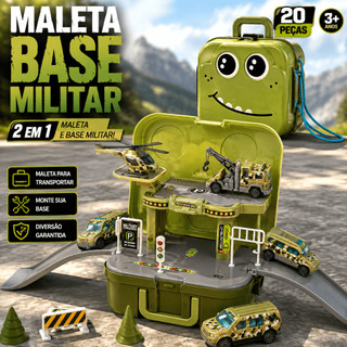 Maleta Base Militar Infantil 2 Em 1 Com 4 Veículos Elevador Montável 20 Peças Educativo