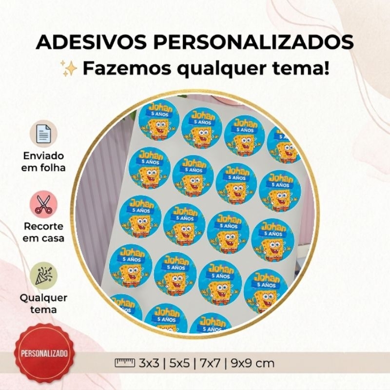 Adesivos Bob Esponja Personalizados Redondos 3x3 5x5 7x7 9x9 Lembrancinha Festa Infantil
