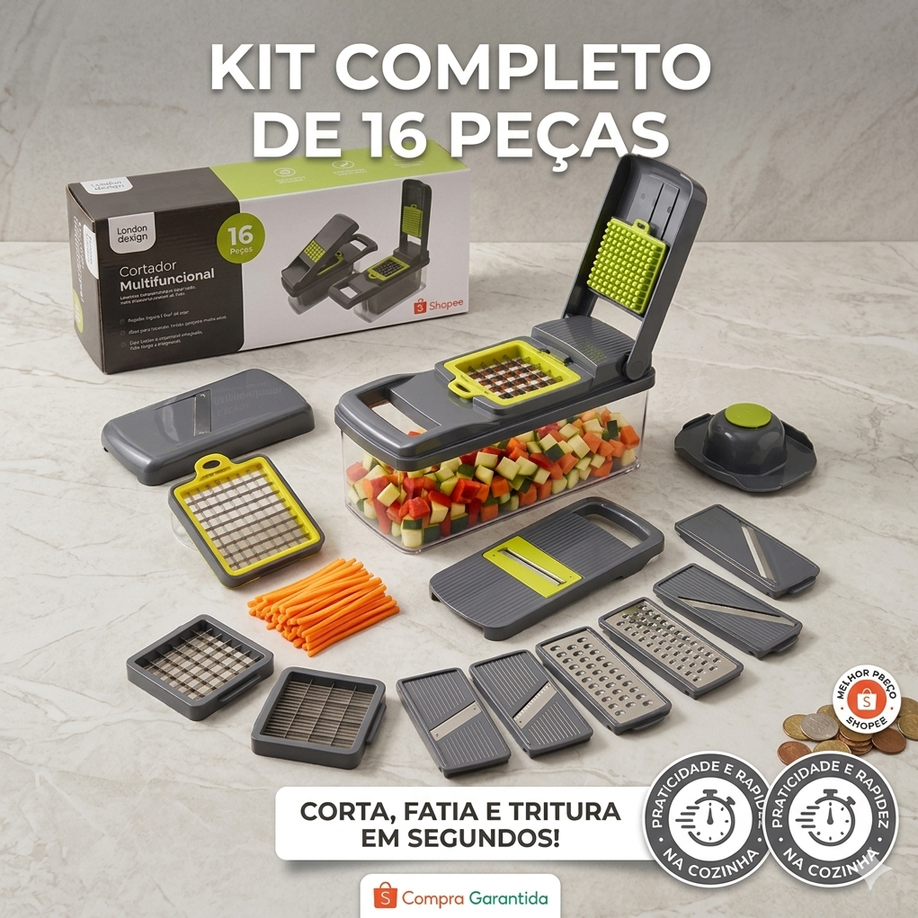 Cortador Multifuncional London Design - Picador e Fatiador de Legumes de 16 Peças.