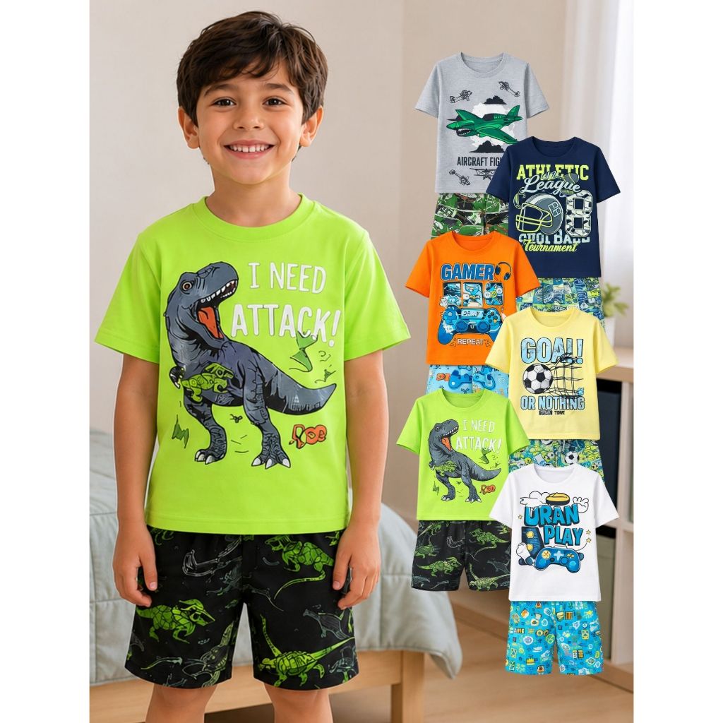 Conjunto 2 Pijama Infantil Menino Manga Curta Algodão 4-14 Camiseta e Shorts Brilha no Escuro Verão Calor