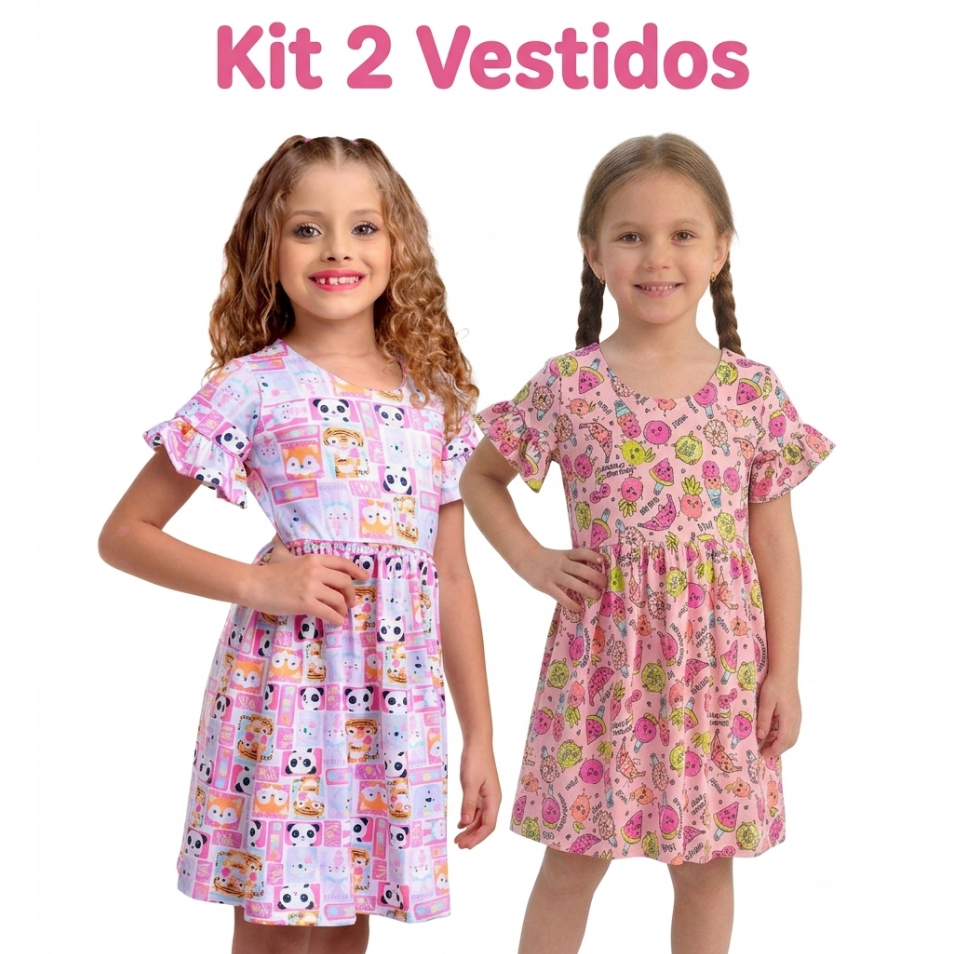 Kit 2 Vestido Infantil Feminino Estampado | Manga Princesa | Confortável e Leve