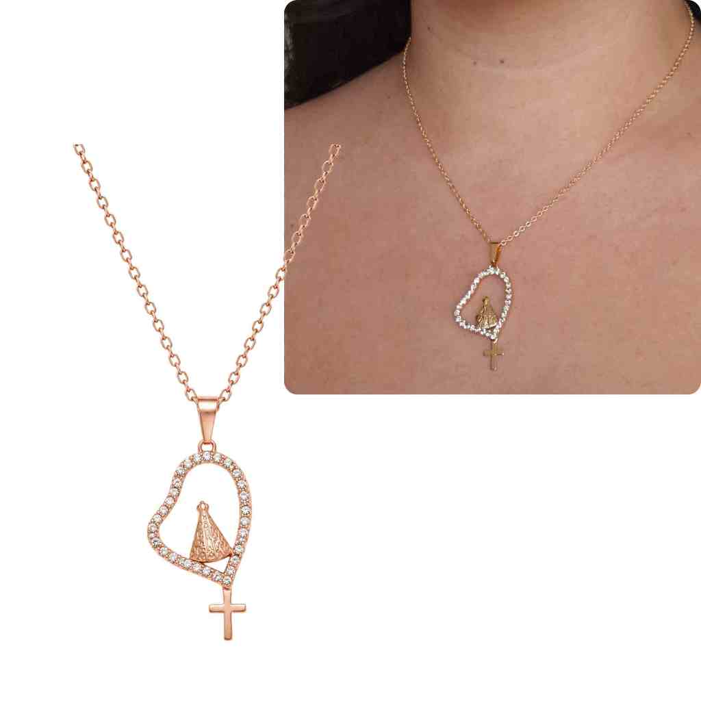 Colar Nossa Senhora Aparecida com Coração Cravejado e Cruz | Colar Feminino Religioso Dourado com Zircônias