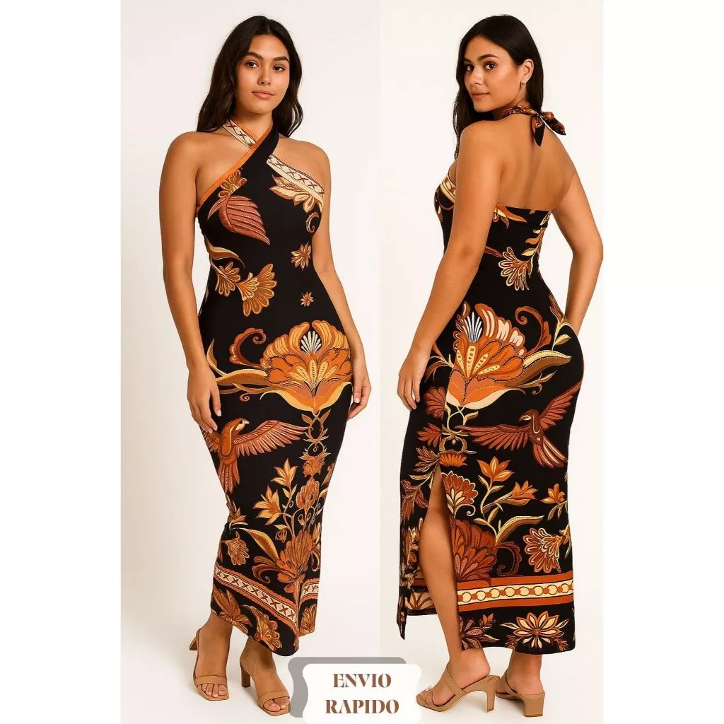 Vestido Longo Feminino Tropical Estampado Fenda Lateral Luxo Lançamento Verão Casual Praia Tendencia Blogueira — imagem 1
