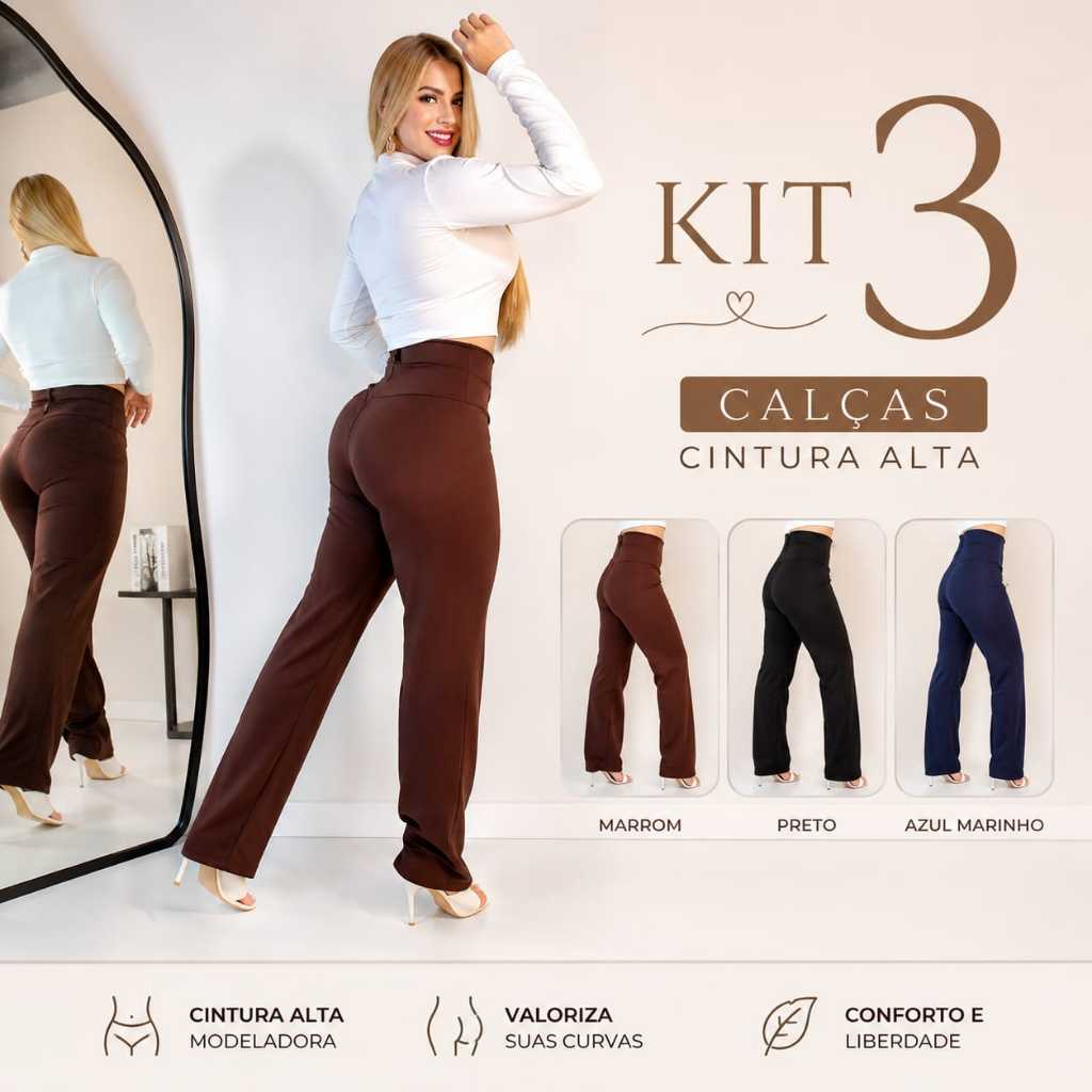 Kit 3 Calças Feminina Cintura Alta Modeladora Suplex Flanelado Estilo Bailarina Para Academia Confortável Moda Casual