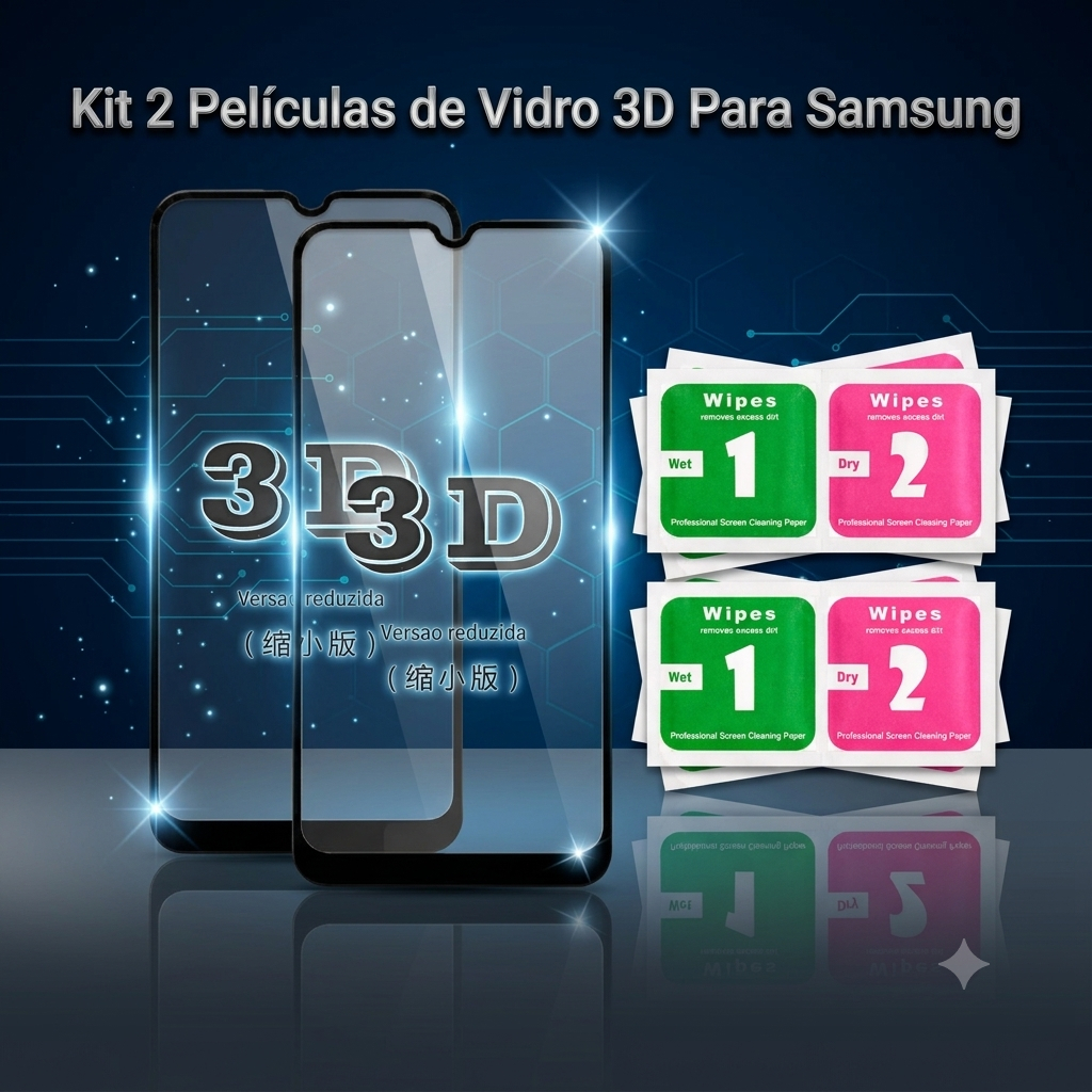 Kit 2 Películas de Vidro 3D Para Samsung A02 A03 A04 A05 A06 A07 A12 A15 A16 A17 A20 A25 A26 A30 A36 A50 A55 A56