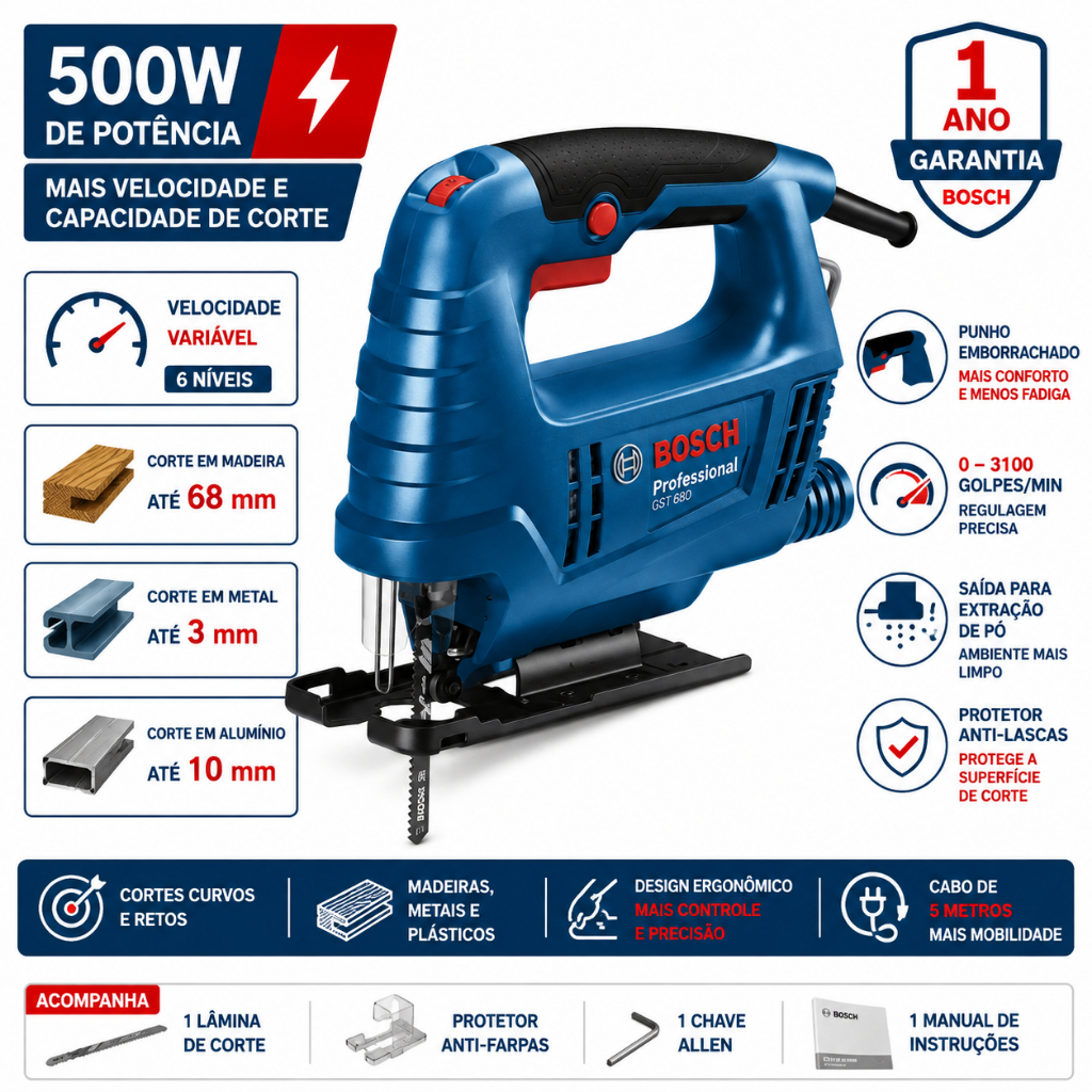 Serra Tico-tico GST 680 500W 127V com 1 lâmina Bosch