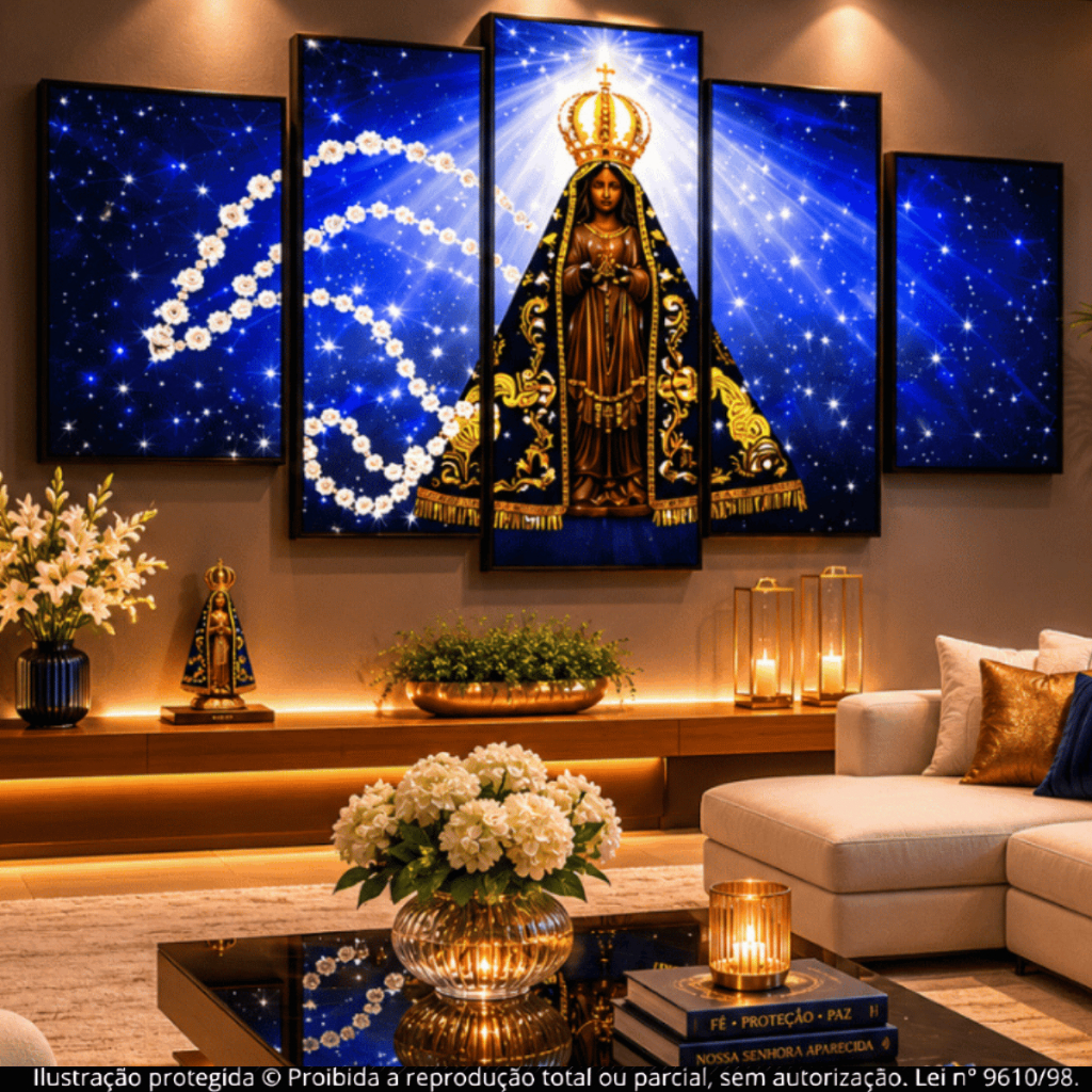 Kit Quadros Decorativos Mosaico 5 Peças Nossa Senhora Aparecida Religioso Católico Sala Quarto Luxo