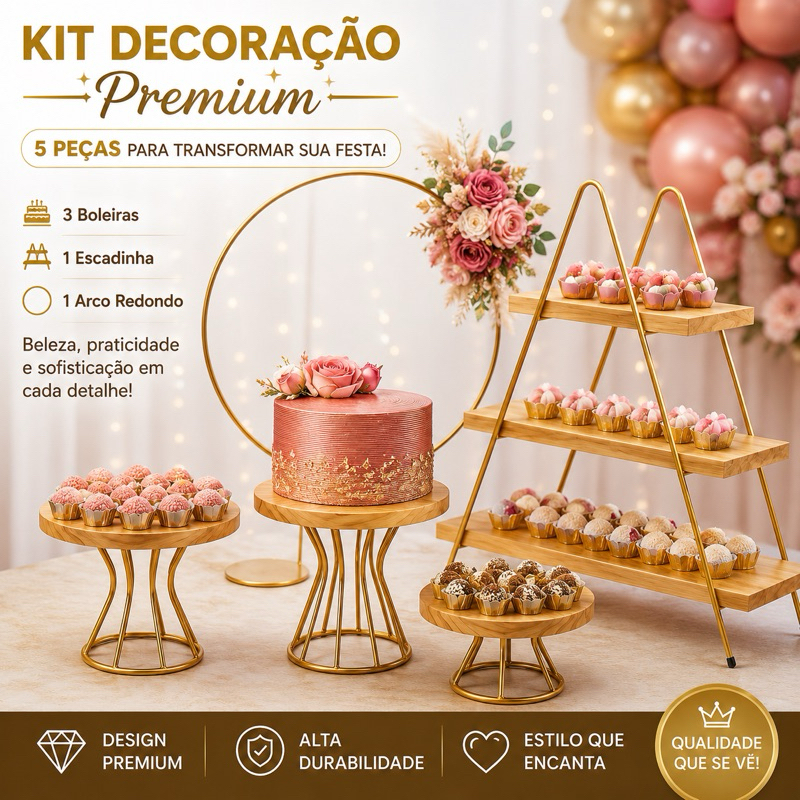 Kit Decoração Festa 5 Peças Dourado Premium 3 Boleiras + 1 Escadinha Doceira + 1 Arco Redondo Suporte par Doces Festa