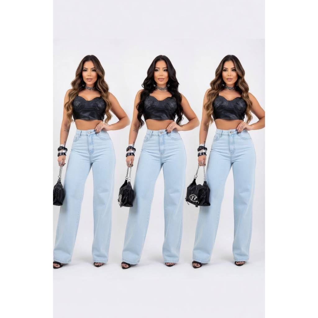 Calça Wid Leg Jeans CLARA DELAVE Feminina 100% Algodao Cintura Alta