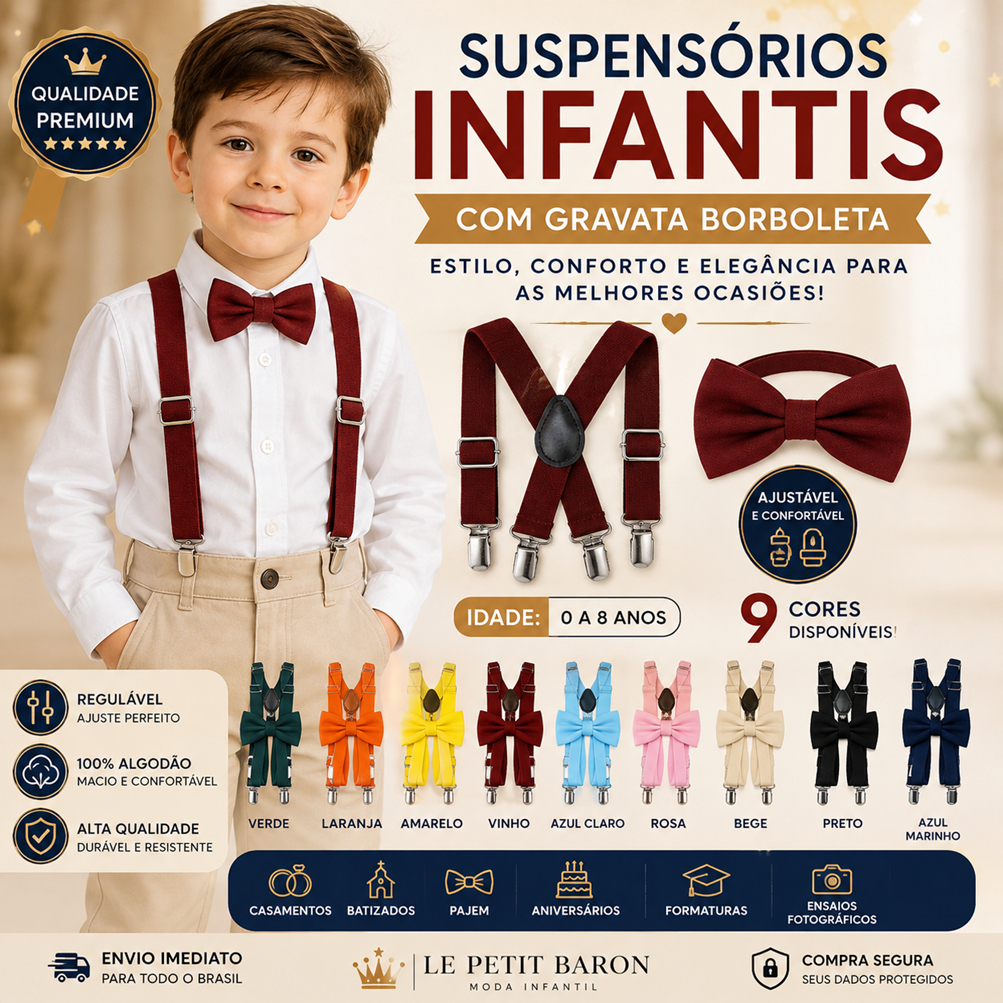 Kit Suspensório Infantil com Gravata Borboleta Menino Pajem Casamento Batizado Festa Formatura