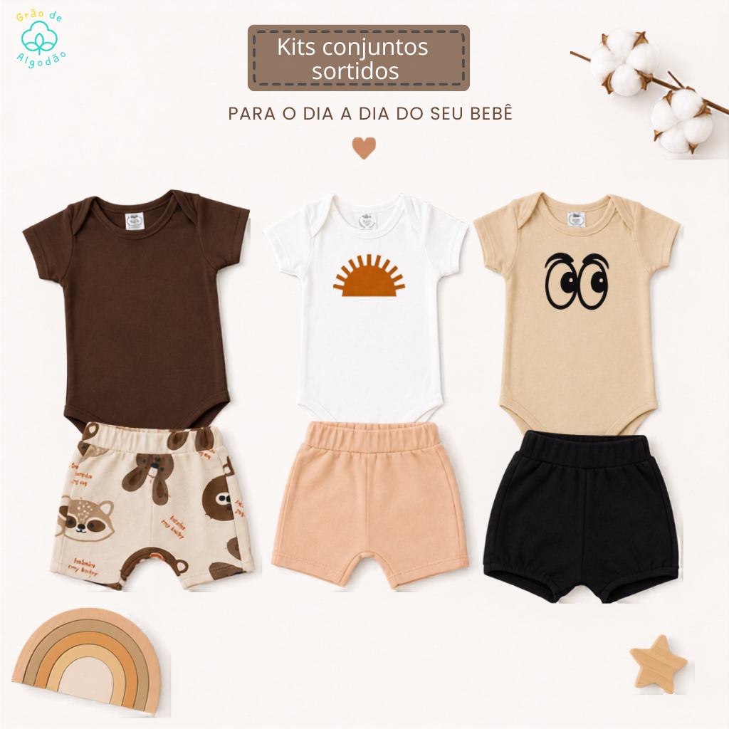 Kits Conjuntos Sortidos Body Manga Curta + Short Estampado Confortável Algodão Menino Bebê