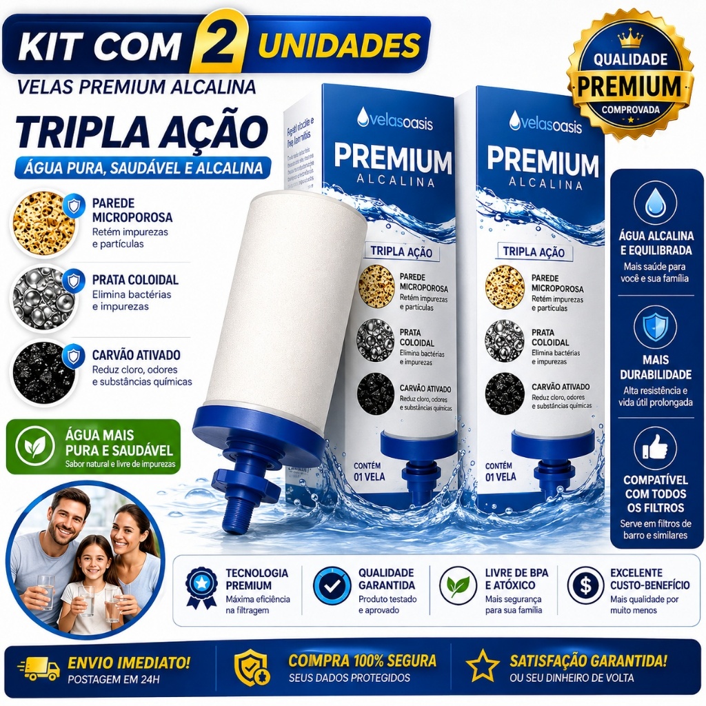 Kit 2 Velas Filtro Barro Premium Alcalina Tripla Ação Universal - ENVIO IMEDIATO