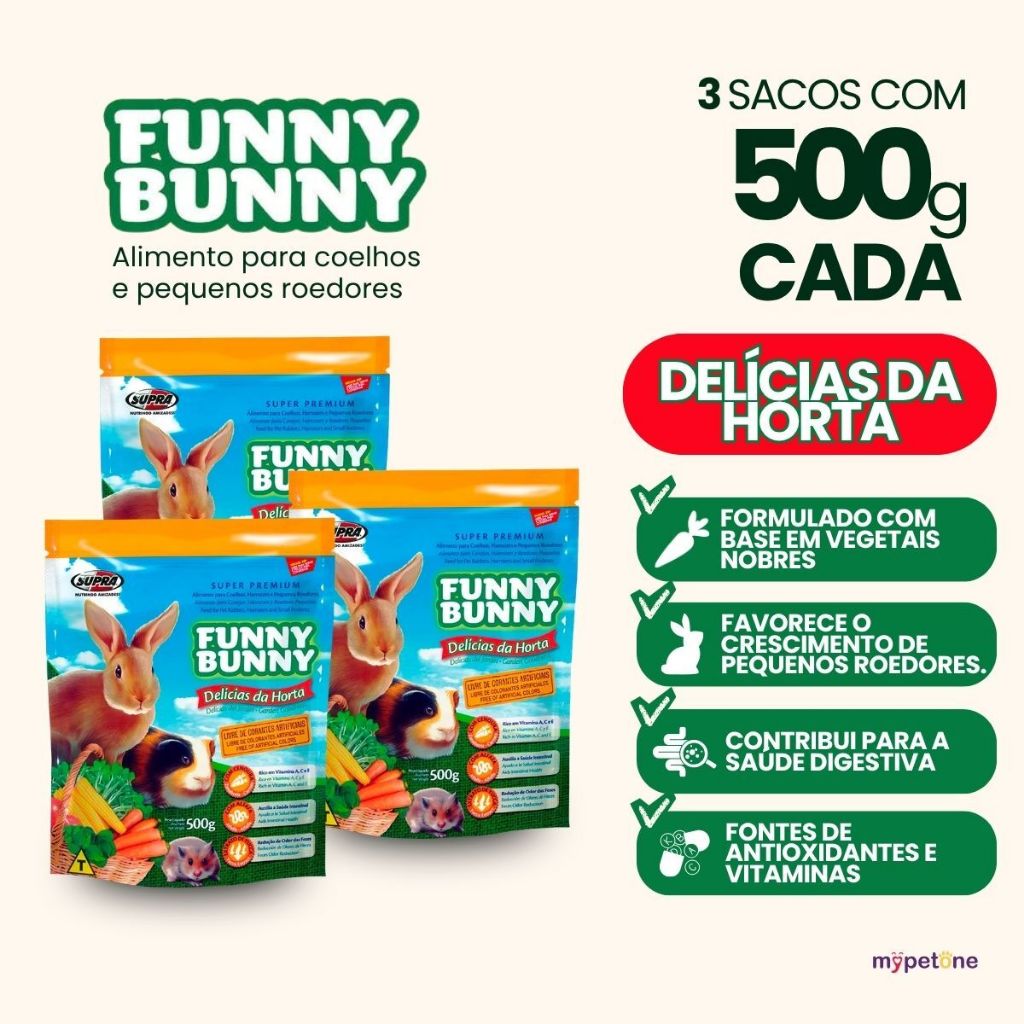 Kit 3 Ração Funny Bunny 500 gr Delícias da Horta Coelhos, Hamster e Roedores