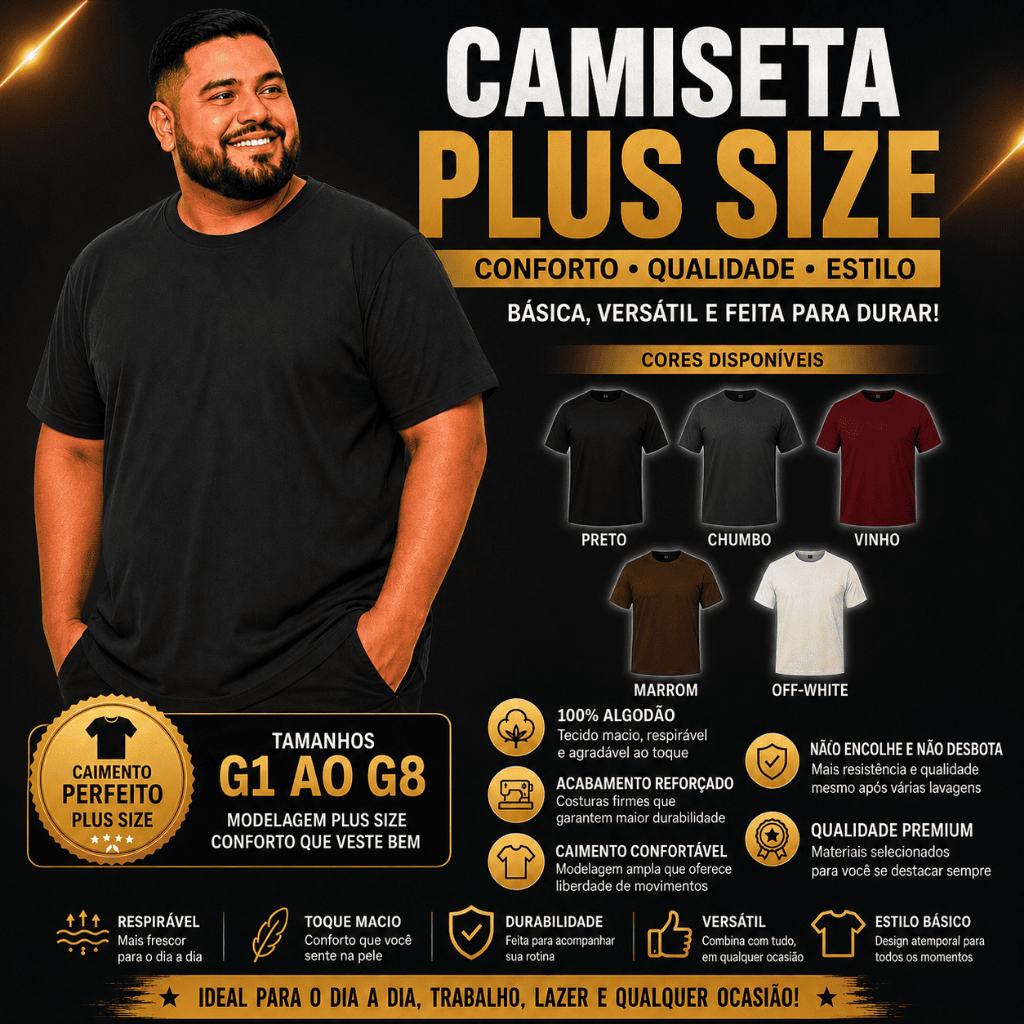 Camiseta Masculina Básica Algodão Lisa Plus Size Até G8 — imagem 2 de 2