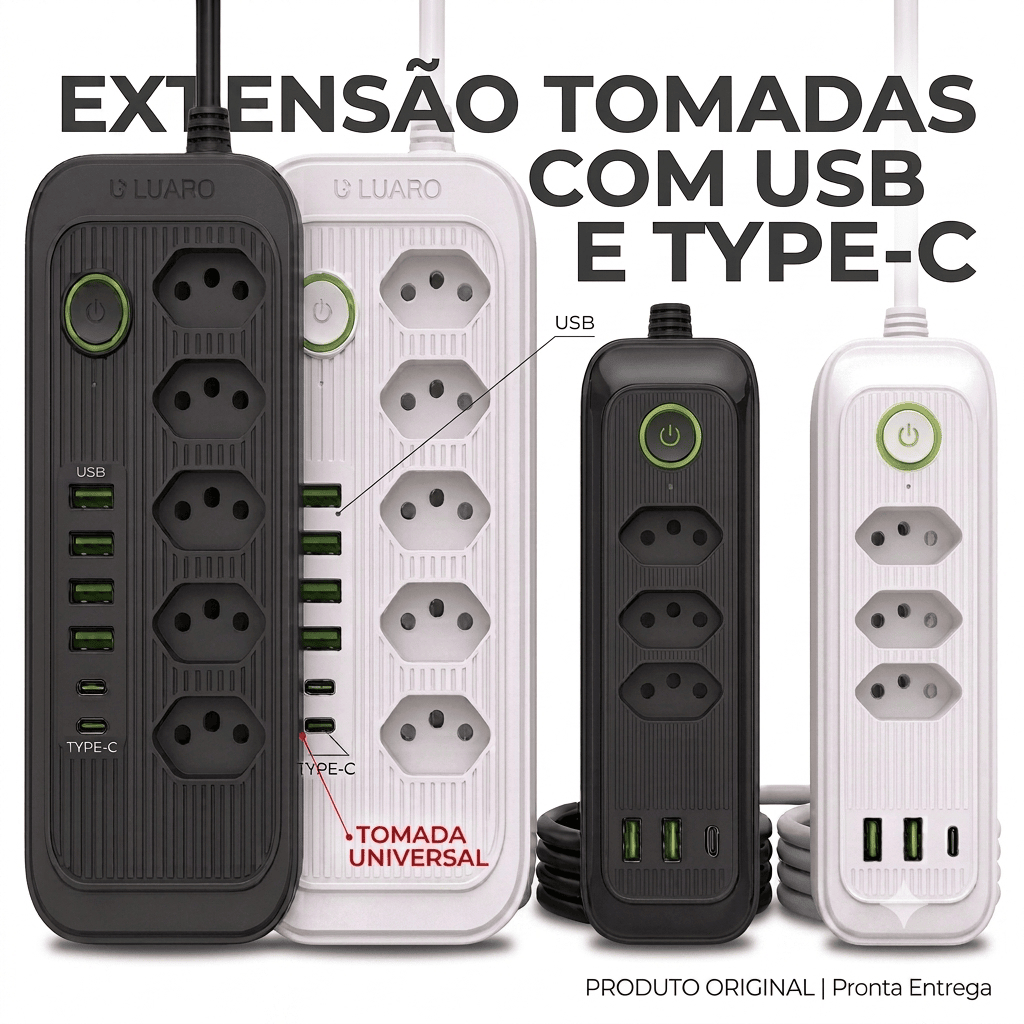 Extensão Tomadas com USB e TypeC Universal Bivolt 110v-250v 2500W Power 2m Filtro De Linha Segurança