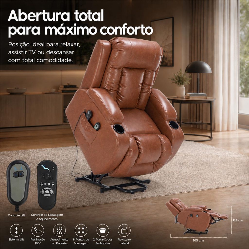 Poltrona do Papai Poltrona de Leitura Lift Poltrona Reclinável Austin Elétrica Massagem PU Caramelo G94