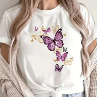 Camiseta Feminina Borboleta Estampada T-Shirt Blusinha Manga Curta Casual Confortável
