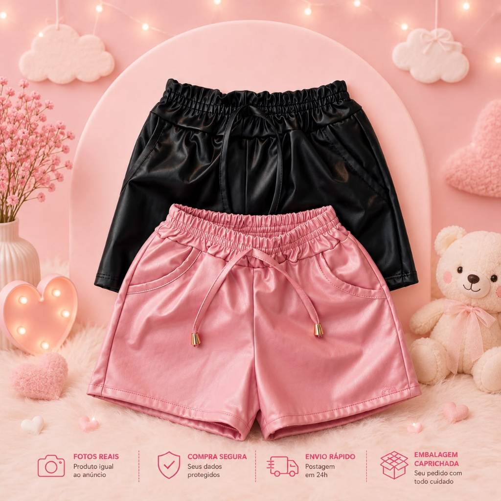 Kit 2 Shorts Infantil Menina Couro Fake Cirrê Verão Moda Kids Tam 2-10 Shorts social menina festa