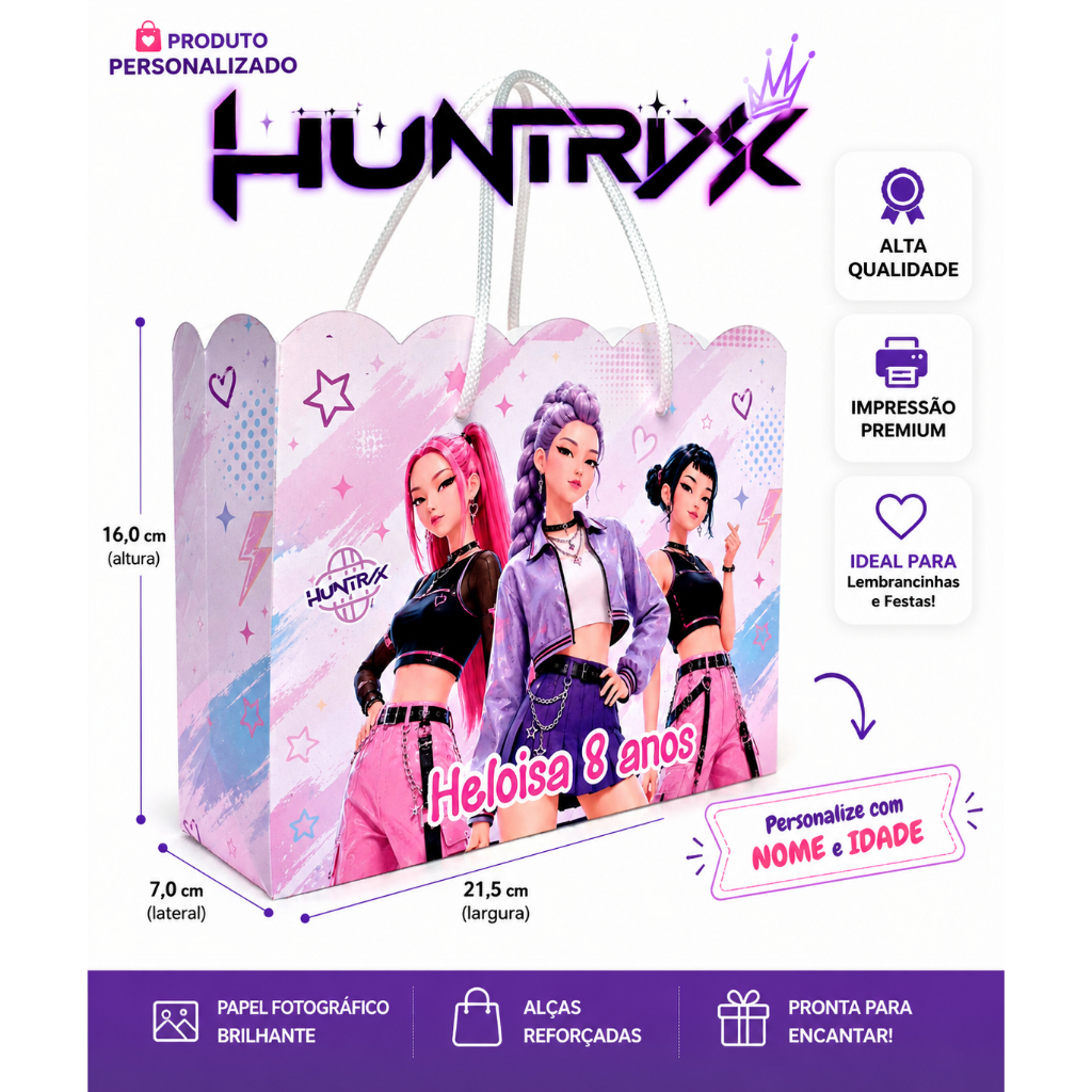 Kit Sacolinha Personalizada Grande - GUERREIRAS DO K-POP | HUNTRIX  | Lembrancinha