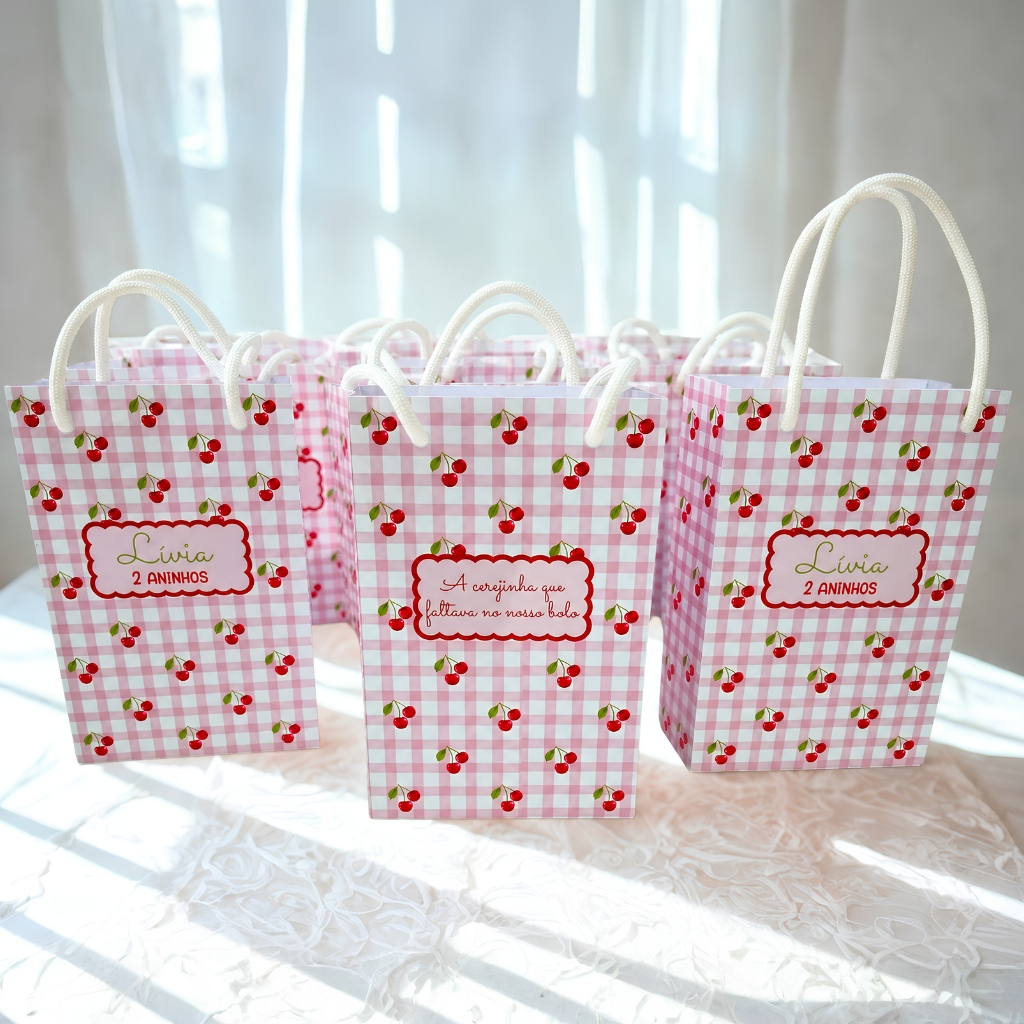 Sacolinha Cerejinha Personalizada para Montar | Lembrancinha Festa Infantil com Nome e Idade | Kit 10 20 30