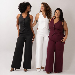Conjunto de Calça Pantalona com Botão Simples Casual para Mulheres P ao EXG