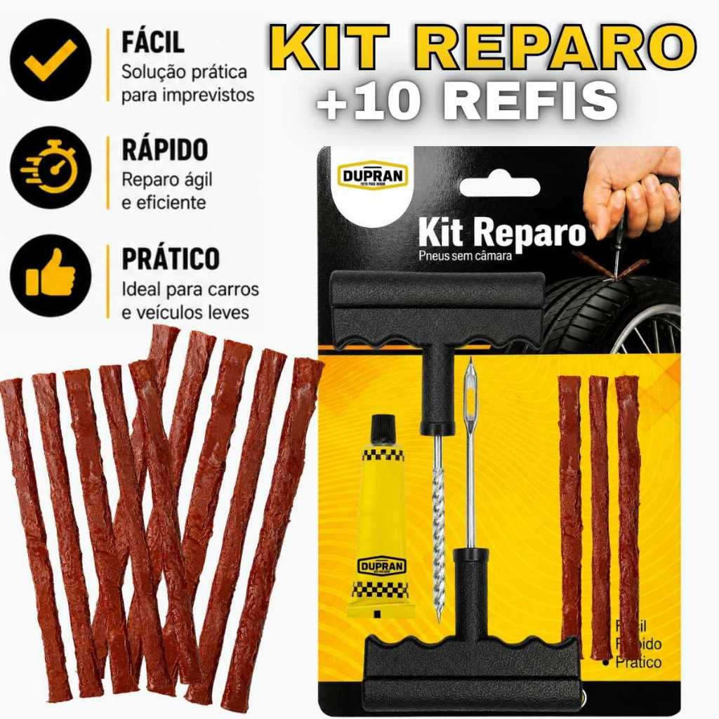 KIT DE REPARO DE PNEU SEM CÂMARA KIT DE CHAVES + 10 REFIL MACARRÃO PARA MOTO E CARRO - DUPRAN