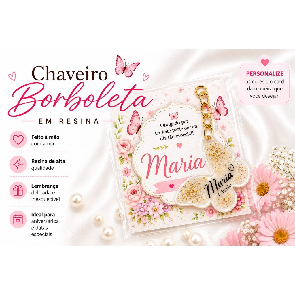 Chaveiro Borboleta Lembrancinha personalizada com nome para Aniversário Batizado Chá de Bebê Evento Corporativo Brinde