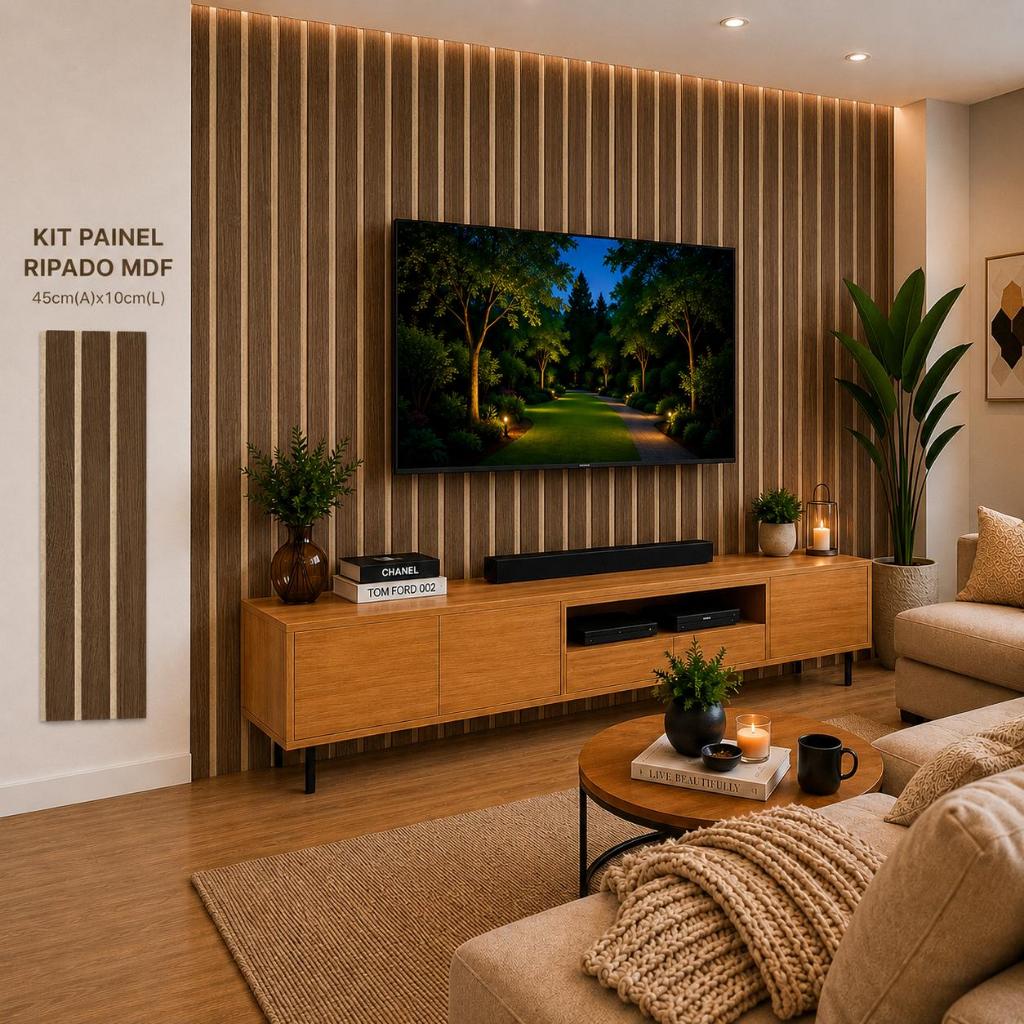 Kit Painel Ripado até 200 Placas Revestimentos MDF Premium 45cmX10cm Parede Sala Quarto Escritório