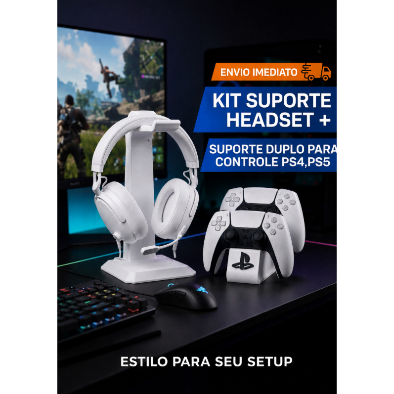 Kit Gamer Suporte Headset + Suporte Duplo Controle PS4 PS5 Gamer / Organização para Setup