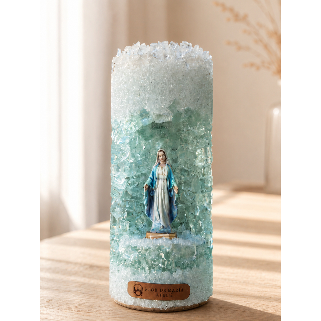 Vela Oratório Gruta Castiçal Nossa Senhora das Graças + Porta Vela + 2 Refis Perfumada Cera Vegetal