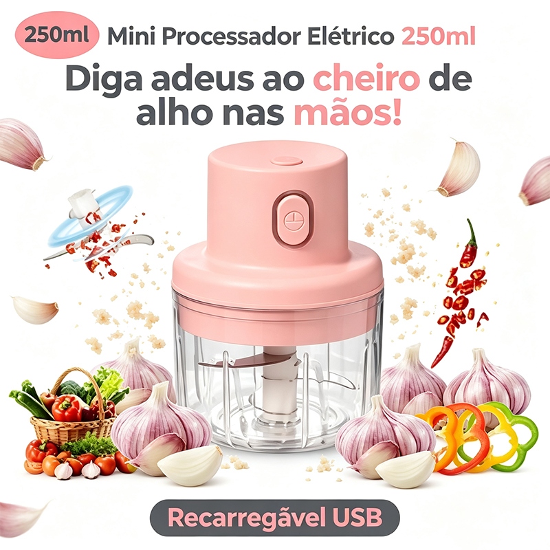 Mini Processador Elétrico 250 ml Recarregável USB com Lâminas para Alho, Cebola, Pimenta, Ervas e Temperos na Cozinha